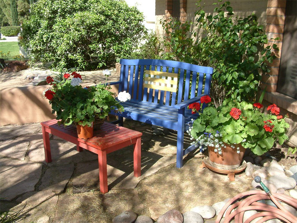 Blue Bench Red Table